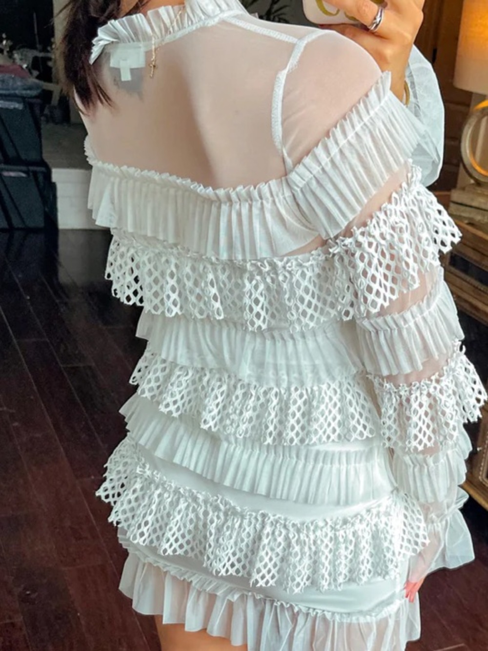 White Ruffle Lace Mini Dress - Picture 2 of 4